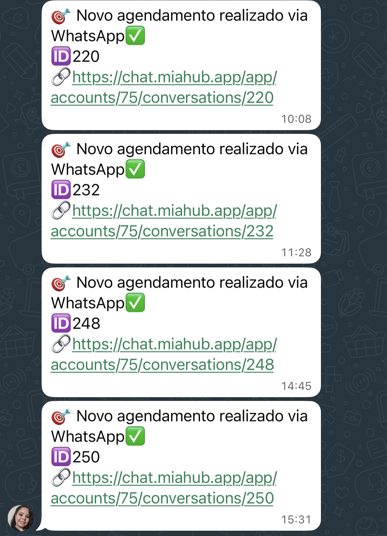 Sequência de novos agendamentos realizados via WhatsApp